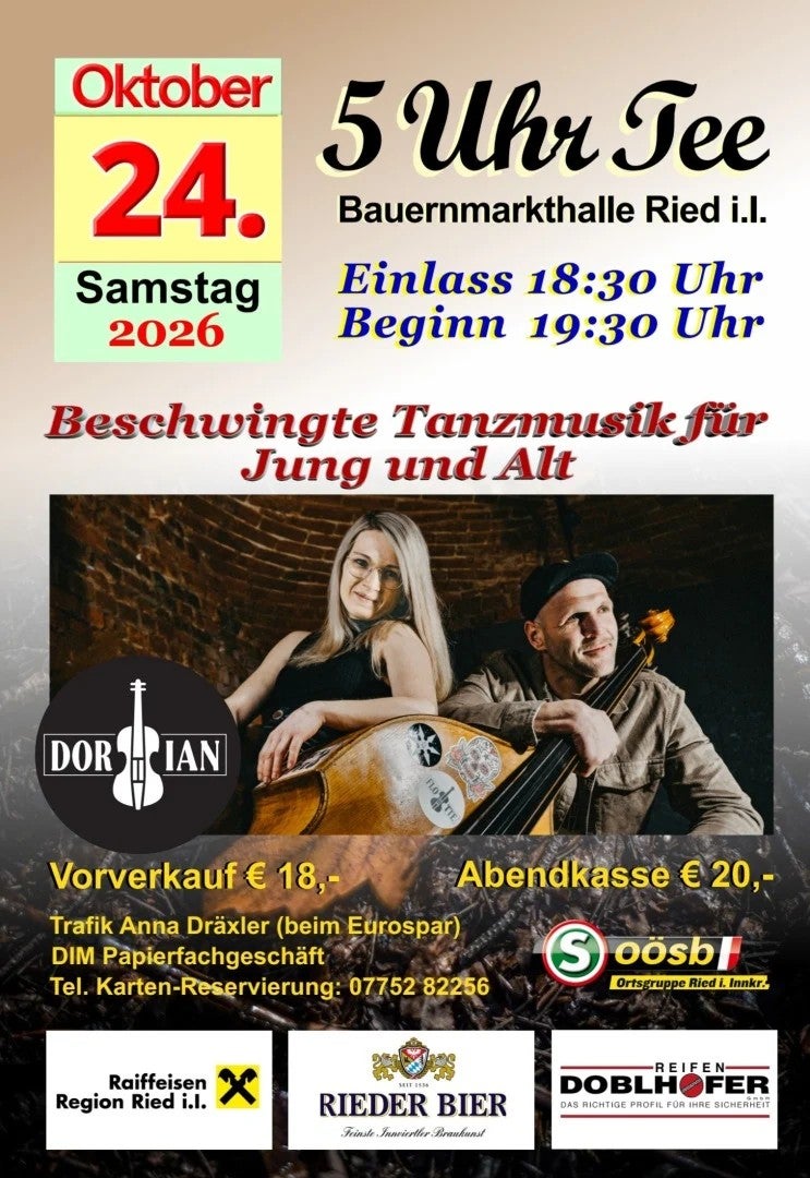 5 Uhr Tee mit DORIAN – Tanzmusik in Ried im Innkreis