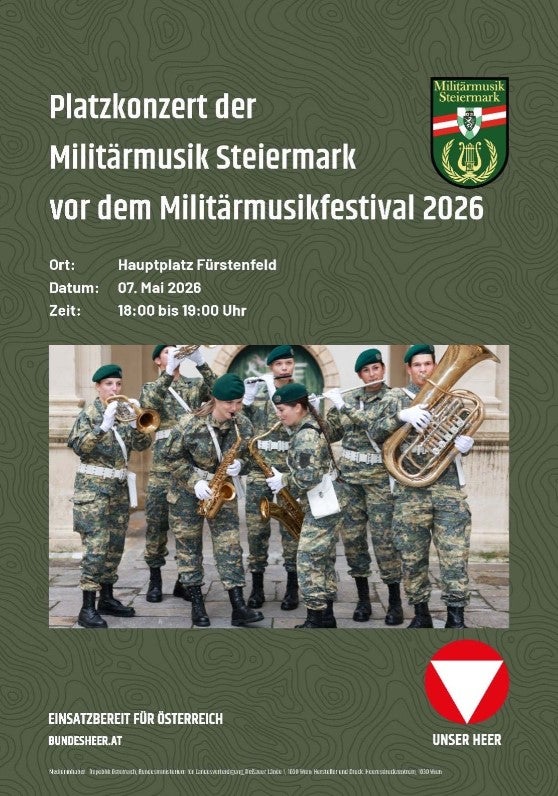 Platzkonzert der Militärmusik Steiermark vor dem Militärmusikfestival 2026